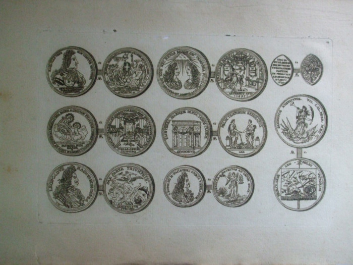 Gravura circa 1820 monede Ungaria Imparatul Leopold I