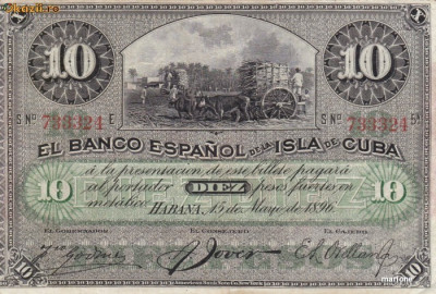 Cuba 10 pesos 1896, 14 cm x 9 cm, 100 roni, circulata, taxele postale zero,fotografia e de prezentare,detalii pe mesageria privata inainte de a licita foto