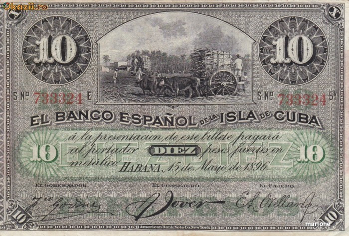 Cuba 10 pesos 1896, 14 cm x 9 cm, 100 roni, circulata, taxele postale zero,fotografia e de prezentare,detalii pe mesageria privata inainte de a licita