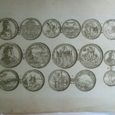 Gravura circa 1820 monede Ungaria Imparatul Leopold I