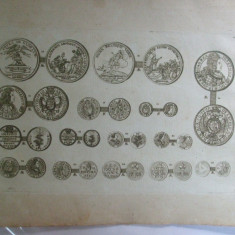 Gravura circa 1820 monede Ungaria Imparatul Iosif I
