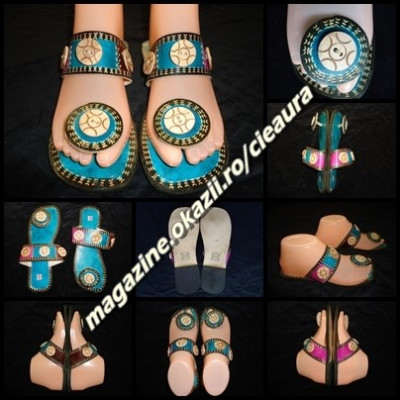 PAPUCI FLIP FLOPS DAMA PIELE HAND MADE INDIA TURCOAZ MARO FUCSIA ACCESORII LEMN foto