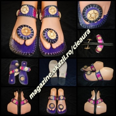 PAPUCI FLIP FLOPS DAMA PIELE NATURALA HAND MADE INDIA MOV FUCSIA ACCESORII LEMN foto