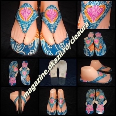 PAPUCI FLIP FLOPS DAMA PIELE NATURALA HAND MADE INDIA TURCOAZ FUCSIA ORANGE SLAP foto