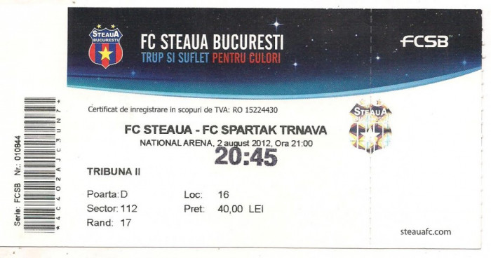 bilet de meci-FC Steaua Bucuresti-FC Spartak Trnava 2 august 2012