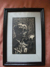 TABLOU &amp;quot;PORTRET DE BARBAT&amp;quot;, LINOGRAVURA REALIZATA DE V. JURCA, 1962 foto