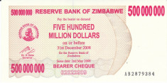 Bancnota Zimbabwe (Bearer Cheque) $500.000.000 2008 - P60 UNC foto