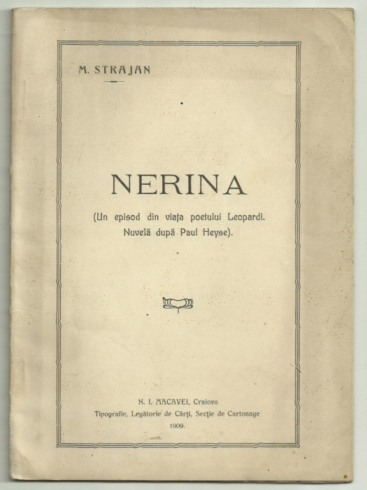 M.Strajan / NERINA - un episod din viata poetului Leopardi, editie 1909