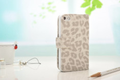 Husa / toc protectie piele iPhone 4, 4s lux, tip flip cover portofel, model leopard, culoare - alb - LIVRARE GRATUITA prin Posta la plata cu cardul foto