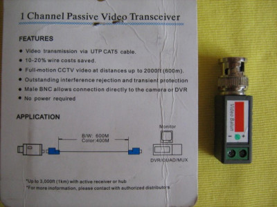 ADAPTOR pentru CAMERA VIDEO de la BNC la cablu cu 2 fire , VIDEO BALUN , permite transmiterea la un cost foarte ieftin a unui semnal video foto