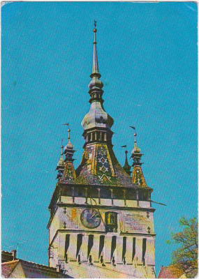 CP circulata 1975,Sighisoara,turnul cu ceas foto