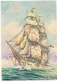Carte postala(ilustrata) -NAVROM-Bricul Mircea pictura de Valentin Donici, Necirculata, Printata