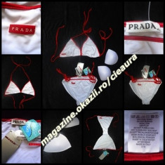 COSTUM de BAIE DAMA GEN FIRMA PRADA 2 PIESE ALB ROSU SUTIEN PUSH UP DETASABIL foto