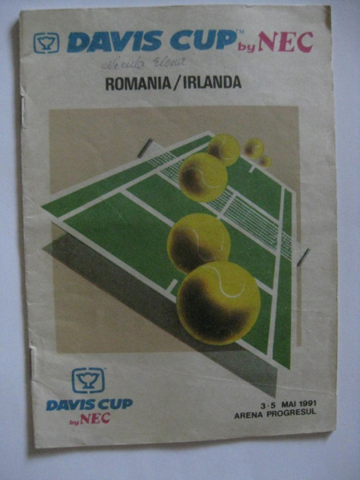 PRODUSUL A FOST REDUS CU 50 LEI! PROGRAM DAVIS CUP ROMANIA-IRLANDA DIN 1991 CU AUTOGRAFELE LUI A.PAVEL,OWEN CASEY SI MATT DOYLE