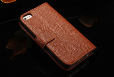Husa / toc protectie piele iPhone 5, 5s, SE, tip flip cover portofel, maro foto