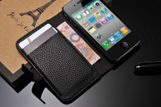 Husa / toc protectie piele iPhone 4, 4s lux, tip flip cover portofel, culoare - neagra - LIVRARE GRATUITA prin Posta la plata cu cardul foto