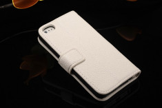 Husa / toc protectie piele iPhone 5, 5s lux, tip flip cover portofel, alba foto