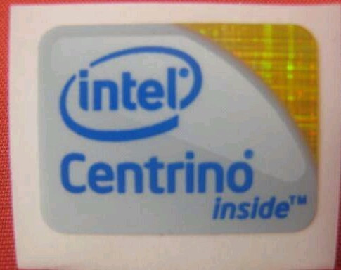 sticker insigna emblema autocolant eticheta intel centrino pt laptop / PC calculator personal cu colt aurie originale okazie unica