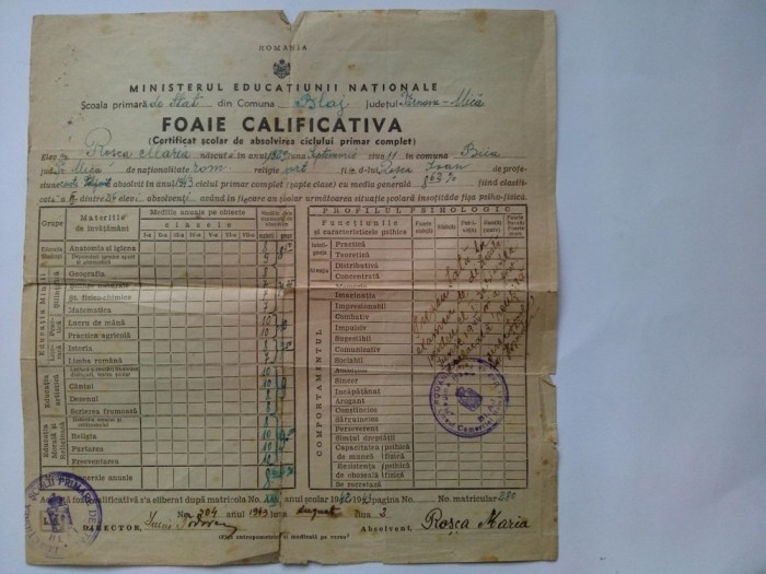 Foaie calificativa ( anii 1942- 1943)