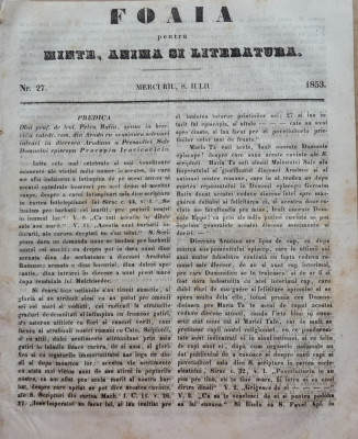 Foaia pentru minte , inima si literatura , nr. 27 , 1853 , Brasov , Muresanu foto