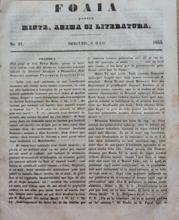 Foaia pentru minte , inima si literatura , nr. 27 , 1853 , Brasov , Muresanu