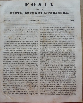 Foaia pentru minte , inima si literatura , nr. 25 , 1853 , Brasov , Muresanu foto