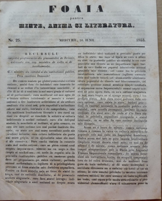 Foaia pentru minte , inima si literatura , nr. 25 , 1853 , Brasov , Muresanu