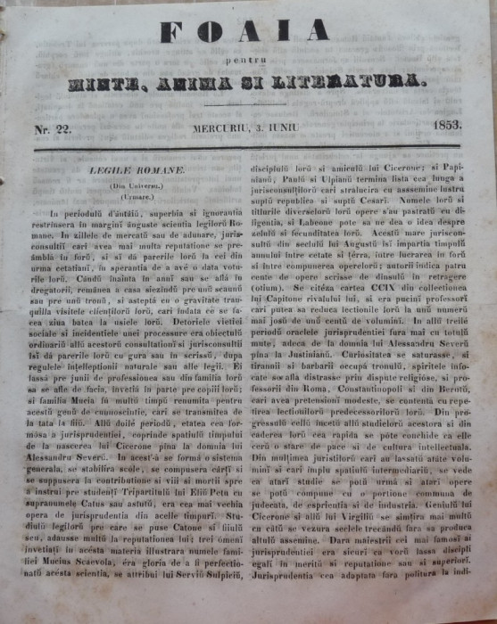 Foaia pentru minte , inima si literatura , nr. 22 , 1853 , Brasov , Muresanu