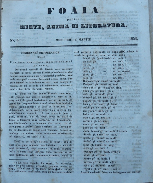 Foaia pentru minte , inima si literatura , nr. 9 , 1853 , Brasov , Muresanu