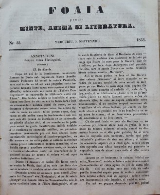Foaia pentru minte , inima si literatura , nr. 35 , 1853 , Brasov , Muresanu foto