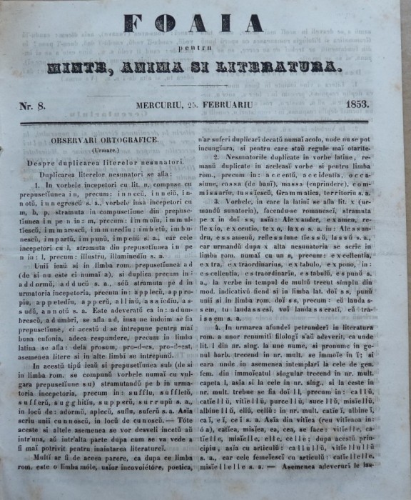 Foaia pentru minte , inima si literatura , nr. 8 , 1853 , Brasov , Muresanu