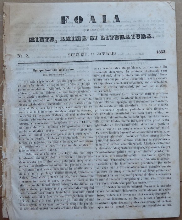 Foaia pentru minte , inima si literatura , nr. 2 , 1853 , Brasov , Muresanu