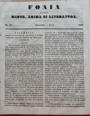 Foaia pentru minte , inima si literatura , nr. 26 , 1853 , Brasov , Muresanu foto