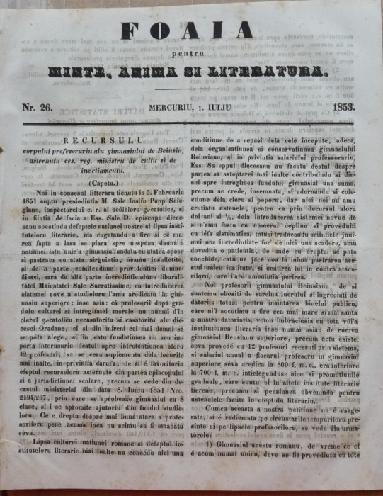 Foaia pentru minte , inima si literatura , nr. 26 , 1853 , Brasov , Muresanu