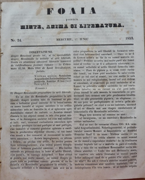 Foaia pentru minte , inima si literatura , nr. 24 , 1853 , Brasov , Muresanu