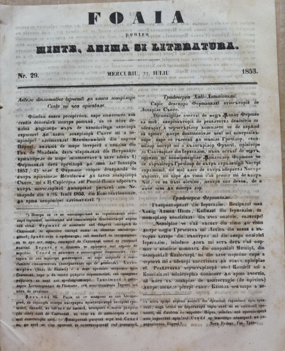 Foaia pentru minte , inima si literatura , nr. 29 , 1853 , Brasov , Muresanu