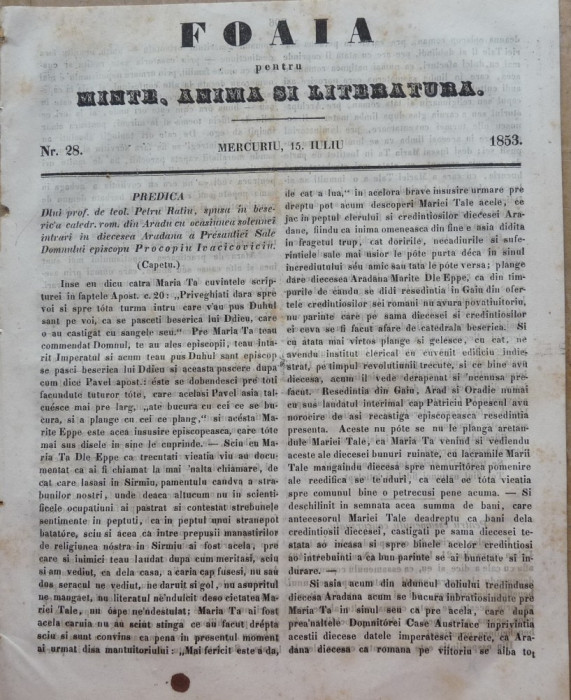 Foaia pentru minte , inima si literatura , nr. 28 , 1853 , Brasov , Muresanu