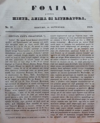 Foaia pentru minte , inima si literatura , nr. 37 , 1853 , Brasov , I. Muresanu foto
