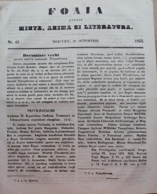 Foaia pentru minte , inima si literatura , nr. 43 , 1853 , Brasov , I. Muresanu foto