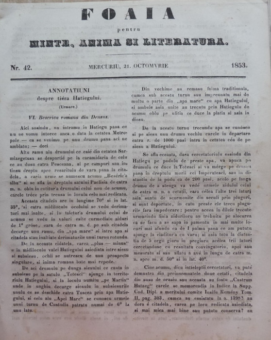 Foaia pentru minte , inima si literatura , nr. 42 , 1853 , Brasov , Muresanu