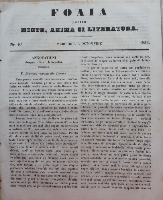 Foaia pentru minte , inima si literatura , nr. 40 , 1853 , Brasov , Muresanu