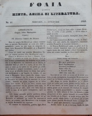 Foaia pentru minte , inima si literatura , nr. 41 , 1853 , Brasov , Muresanu foto