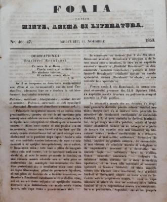 Foaia pentru minte , inima si literatura , nr. 46 - 47 , 1853 , Brasov foto