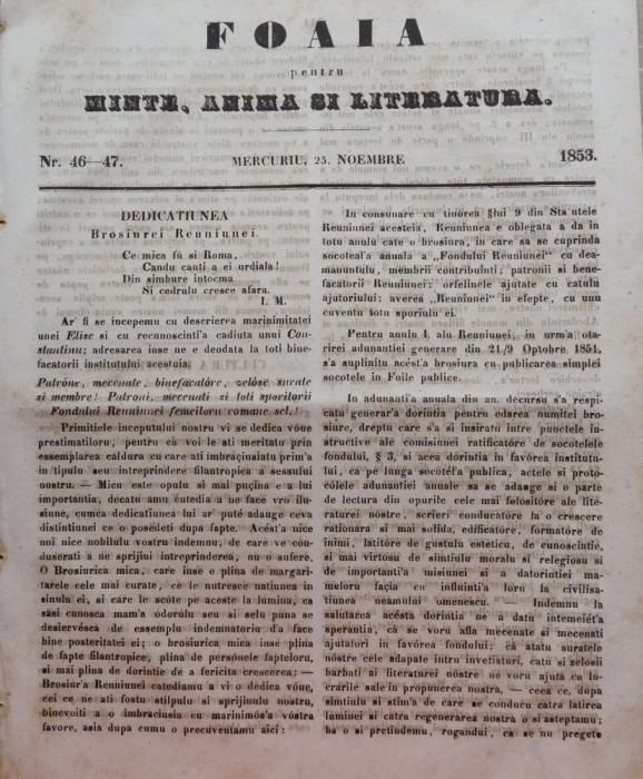 Foaia pentru minte , inima si literatura , nr. 46 - 47 , 1853 , Brasov