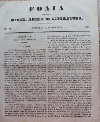 Foaia pentru minte , inima si literatura , nr. 38 , 1853 , Brasov , Muresanu foto