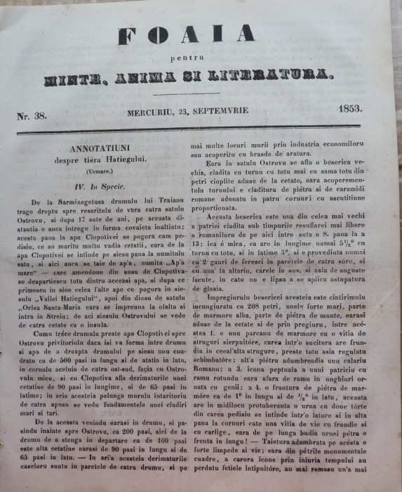 Foaia pentru minte , inima si literatura , nr. 38 , 1853 , Brasov , Muresanu