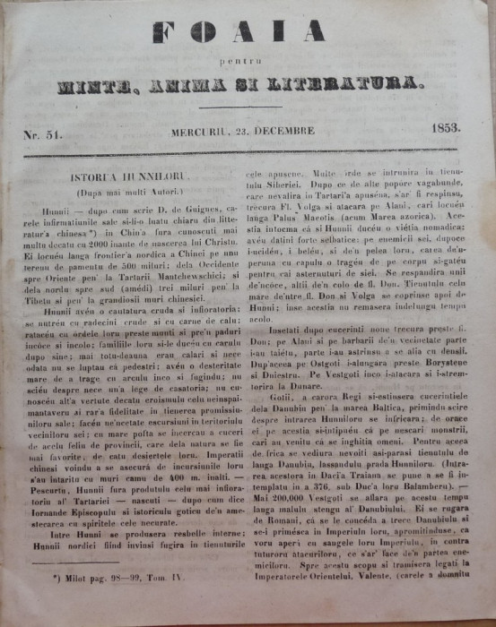 Foaia pentru minte , inima si literatura , nr. 51 , 1853 , Brasov , Muresanu