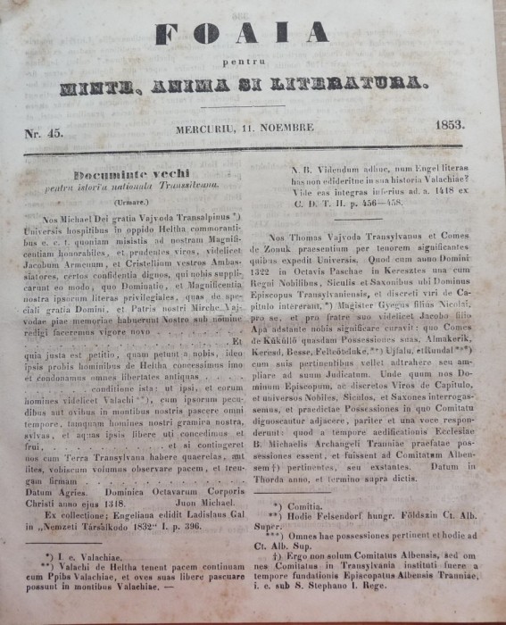 Foaia pentru minte , inima si literatura , nr. 45 , 1853 , Brasov , Muresanu