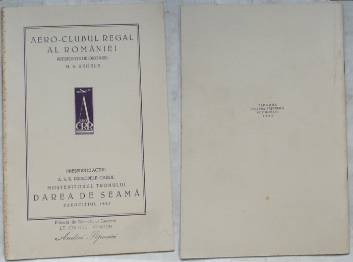 Aero - Clubul Regal al Romaniei ; Presedinte de onoare : M. S. Regele , 1923