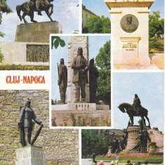 Carte Postala Cluj-Napoca Monumentul lui Mihai Viteazul , Stauia lui Baba Novac , Monumentul lui Horia Closca si Crisan , Statuia Lupoaica Romei ...
